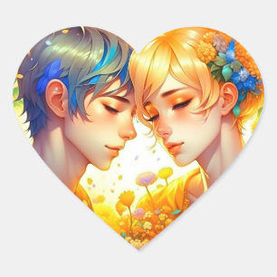 Anime Jongen en Meisje Bloemenkoppel Thema Hart Sticker