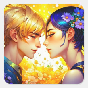 Anime Jongen en Meisje in Liefde Romantische Flirt Vierkante Sticker