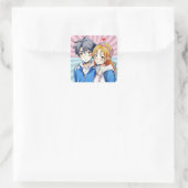 Anime Jongen en Meisje Paar met Hart Vierkante Sticker (Tas)