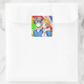 Anime Jongen en Meisje Paar met Hart Vierkante Sticker (Tas)