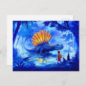 Anime jongen fotografeert moerasdinosaurus feestdagenkaart (Voorkant / Achterkant)