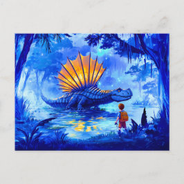 Anime-jongen fotografeert moerasdinosaurus feestdagenkaart