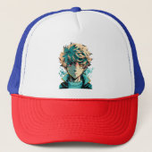 Anime Jongen: Goud Haar, Roze en Gouden Ogen Trucker Pet (Voorkant)