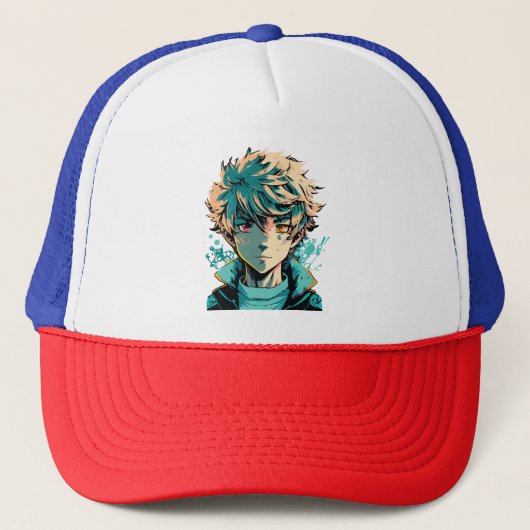 Anime Jongen: Goud Haar, Roze en Gouden Ogen Trucker Pet (Voorkant)