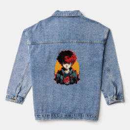 Anime Jongen: Illustratie van Rood en Zwart Haar Denim Jacket