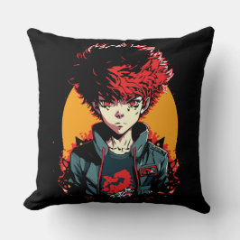 Anime Jongen: Illustratie van Rood en Zwart Haar Kussen