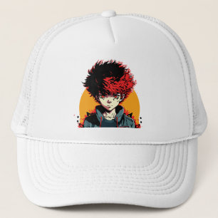 Anime Jongen: Illustratie van Rood en Zwart Haar Trucker Pet