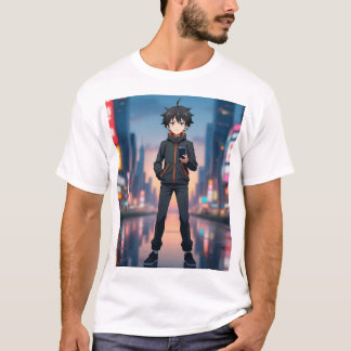 Anime-jongen in neonstad bij nacht – Cool Anime-pe T-shirt