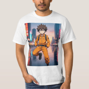 Anime Jongen in Oranje Outfit Loopt T-shirt