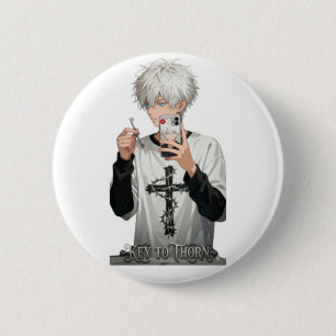 Anime Jongen met Doornenkroon en Sleutel - Scherp Ronde Button 5,7 Cm