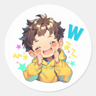 Anime Jongen met Letter W Blij Ronde Sticker
