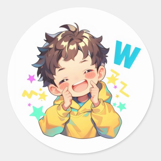 Anime Jongen met Letter W Blij Ronde Sticker (Voorkant)