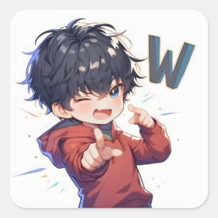 Anime Jongen met Letter W Vierkante Sticker