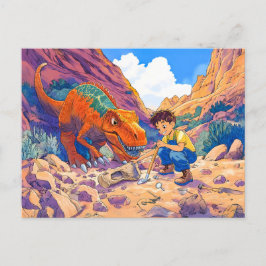 Anime jongen met T-Rex op fossielenjacht Feestdagenkaart