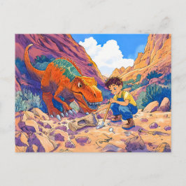 Anime jongen met T-Rex op fossielenjacht Feestdagenkaart