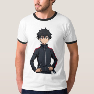 Anime-jongen met zwaard in moderne stad bij zonson t-shirt