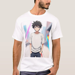 Anime-jongen met zwart haar op een moderne stadsst t-shirt