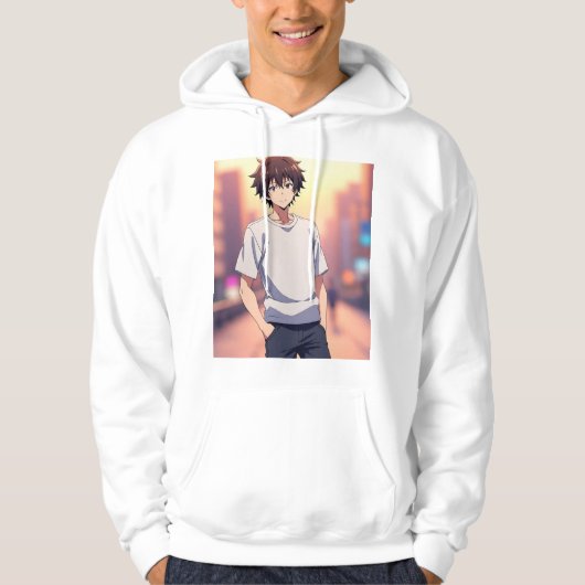 Anime Jongen op Stadstraat bij Zonsondergang – Est Hoodie (Voorkant)