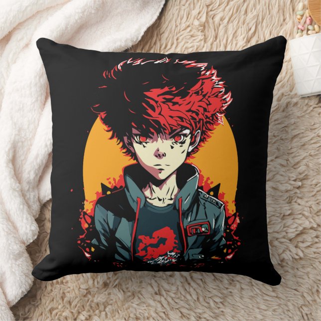 Anime Jongen: Rood en Zwart Haar Illustratie Kussen (Deken)