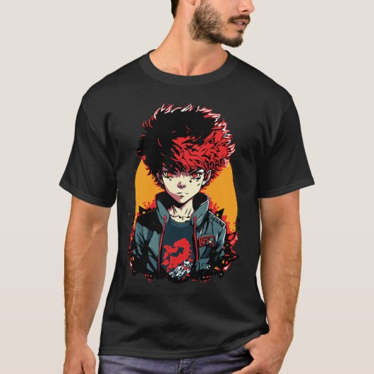 Anime Jongen: Rood en Zwart Haar Illustratie T-shirt (Voorkant)