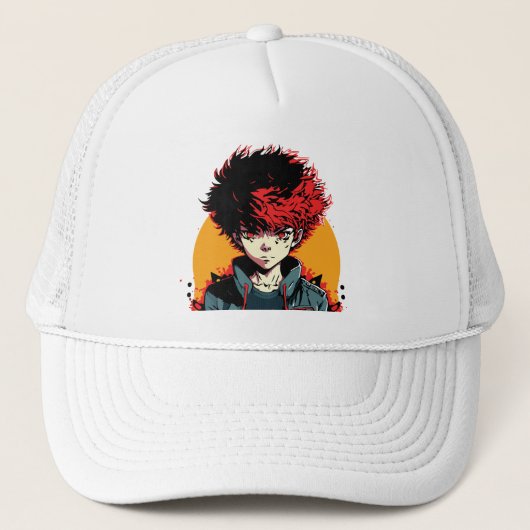 Anime Jongen: Rood en Zwart Haar Illustratie Trucker Pet (Voorkant)