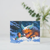 Anime jongen speelt dinosaurus besneeuwde dag feestdagenkaart (Staand voorkant)