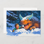 Anime jongen speelt dinosaurus besneeuwde dag feestdagenkaart (Voorkant / Achterkant)