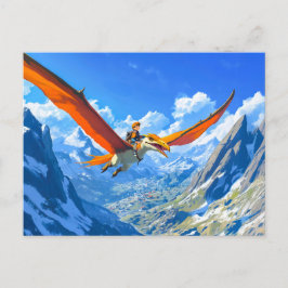 Anime jongen vliegen Pteranodon dinosaurus Alpen Feestdagenkaart