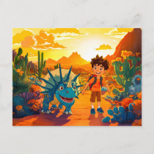 Anime jongen wandelen Triceratops bij zonsondergan Feestdagenkaart