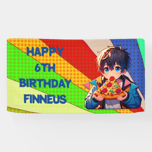 Anime Jongens Pizzafeestje Persoonlijk Spandoek (Horizontaal)