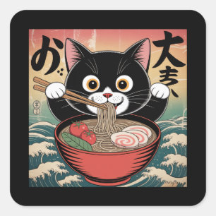Anime Kat Eten Ramen Grappig Japans Retro Stijl Vierkante Sticker