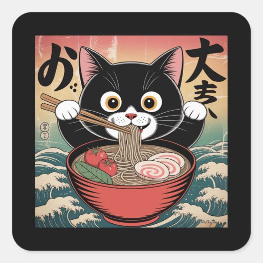 Anime Kat Eten Ramen Grappig Japans Retro Stijl Vierkante Sticker (Voorkant)
