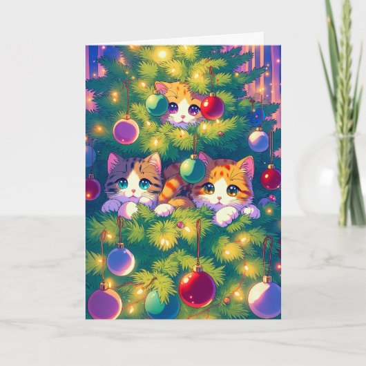 Anime Kat in een kerstboom Feestdagen Kaart (Voorkant)
