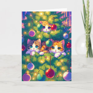 Anime Kat in een kerstboom Feestdagen Kaart