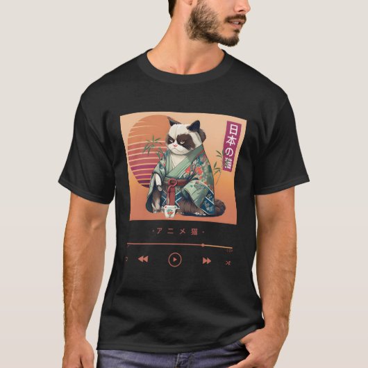 Anime kat in traditionele kimono t-shirt (Voorkant)