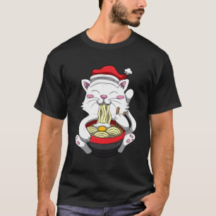 Anime kat met kerstmuts Schattige kitten Ramen Ker T-shirt