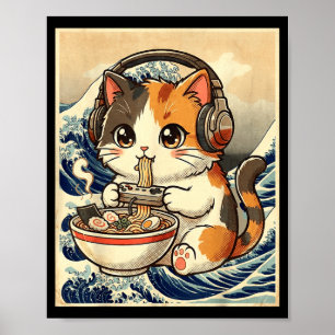 Anime Kat Ramen Gamer Japanse Kunst Retro Vintage  Poster