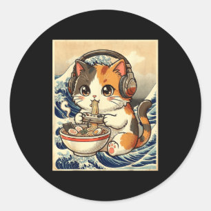 Anime Kat Ramen Gamer Japanse Kunst Retro Vintage Ronde Sticker
