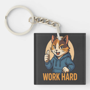 Anime Kat - WERK HARD Motivatie Japanse stijl Sleutelhanger