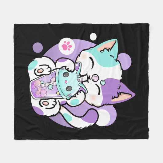 Anime Kawaii Cat Boba Fleece Deken (Voorkant (Horizontaal))