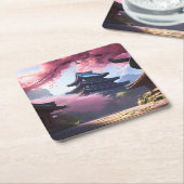 Anime Kersenbloesem & rustige pagode landschap Kartonnen Onderzetters (Schuin)