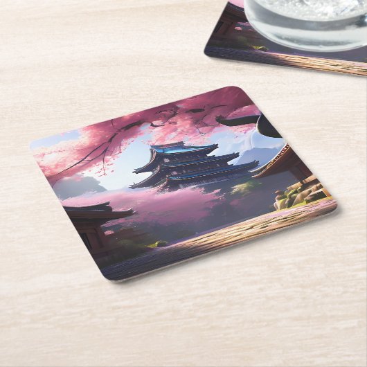 Anime Kersenbloesem & rustige pagode landschap Kartonnen Onderzetters (Schuin)