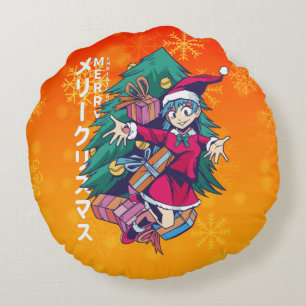 Anime Kersttrui- Gelukkig meisje met kerstmuts Rond Kussen