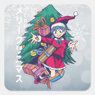 Anime Kersttrui- Gelukkig meisje met kerstmuts Vierkante Sticker