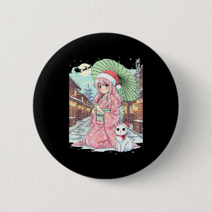 Anime Kimono Meisje Kerstmis Japan Kat Xmas Japan Ronde Button 5,7 Cm