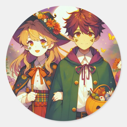Anime Kind in Halloween kostuums Ronde Sticker (Voorkant)