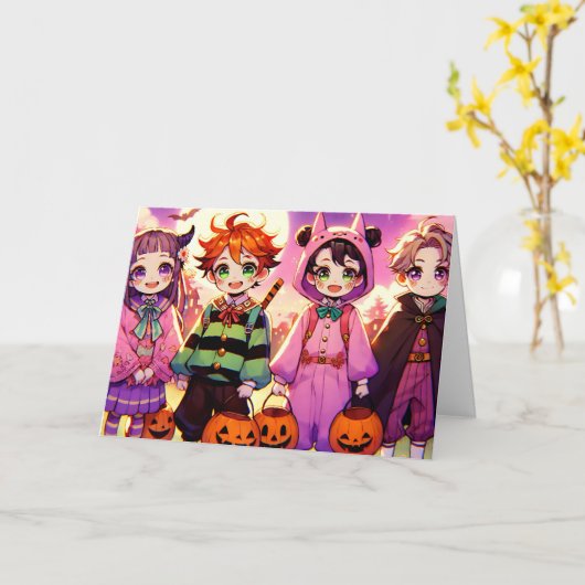 Anime Kinderen in Halloween Kaart (Gele Bloem)