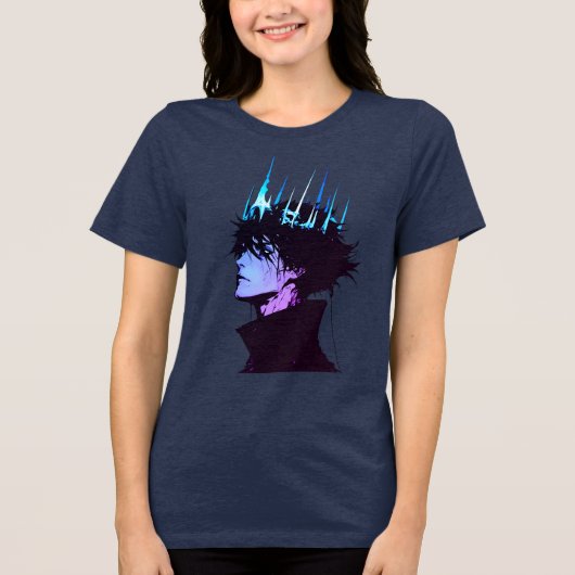Anime King Gothic Male Portrait with Blue Crown Tri-Blend Shirt (Voorkant)