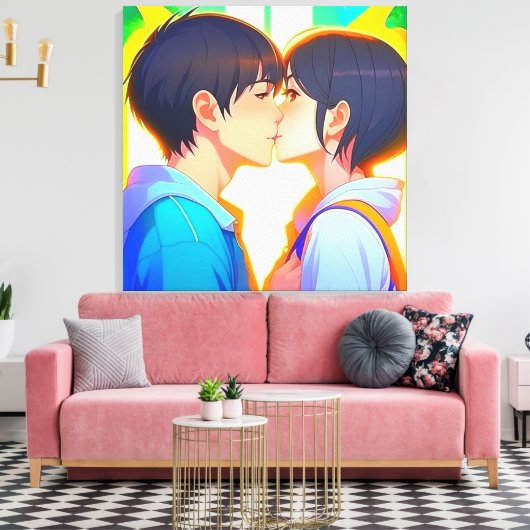 Anime Kiss | Jongen en meisje in liefde Canvas Afdruk (Insitu (Woonkamer))