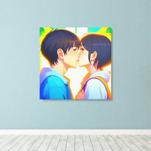 Anime Kiss | Jongen en meisje in liefde Canvas Afdruk (Insitu (Houten vloer))